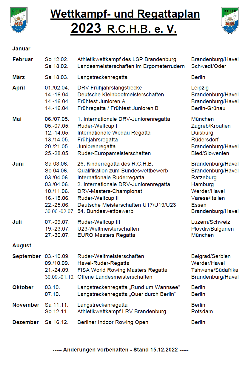 Terminplan 2023 Rennrudern RCHB