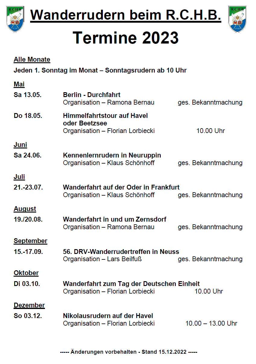 Terminplan 2023 Wanderrudern RCHB